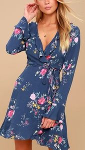 Hello Dahlia! Blue floral print wrap dress